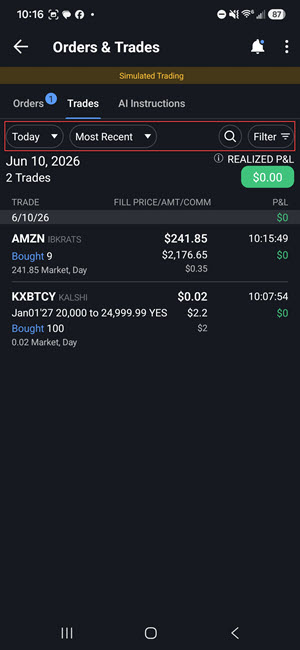 Filters for Orders and Trades for Android in Mobile